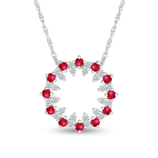 Lab-Created Ruby and White Lab-Created Sapphire Stacked Duo Alternating Open Circle Pendant in Sterling Silver