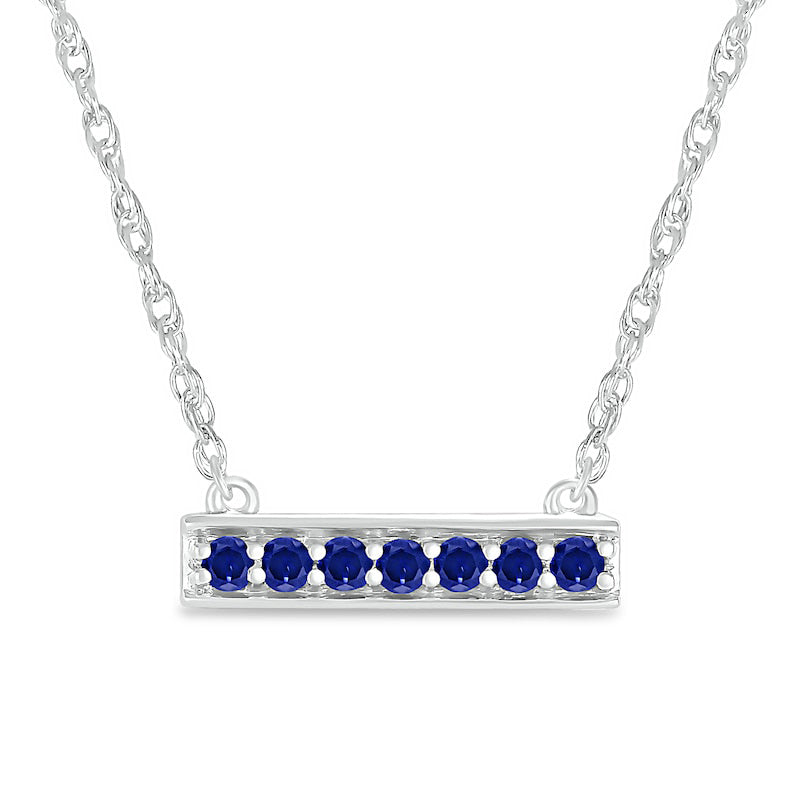 Blue Lab-Created Sapphire Seven Stone Border Bar Necklace in Sterling Silver