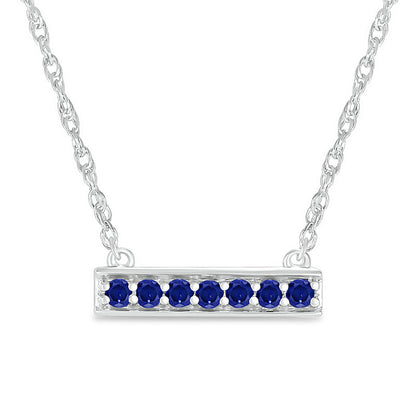 Blue Lab-Created Sapphire Seven Stone Border Bar Necklace in Sterling Silver