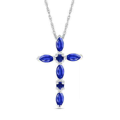 Marquise and Round Blue Lab-Created Sapphire Alternating Cross Pendant in Sterling Silver