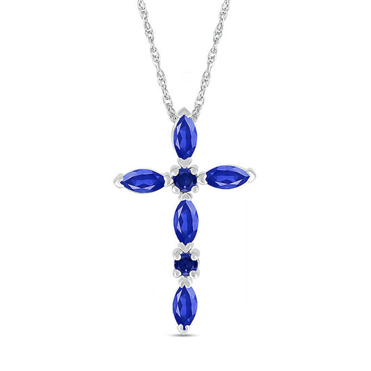 Marquise and Round Blue Lab-Created Sapphire Alternating Cross Pendant in Sterling Silver