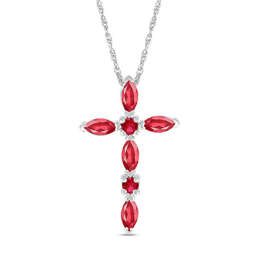 Marquise and Round Lab-Created Ruby Alternating Cross Pendant in Sterling Silver