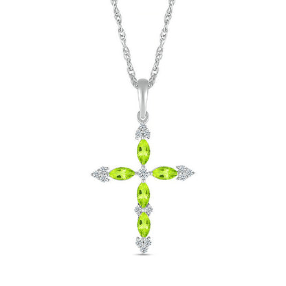 Marquise Peridot and 0.07 CT. T.W. Natural Diamond Tri-Tip Cross Pendant in Sterling Silver