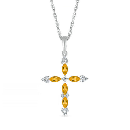 Marquise Citrine and 0.07 CT. T.W. Natural Diamond Tri-Tip Cross Pendant in Sterling Silver