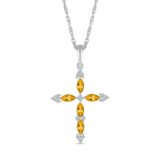 Marquise Citrine and 0.07 CT. T.W. Natural Diamond Tri-Tip Cross Pendant in Sterling Silver