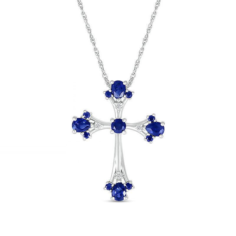Pear-Shaped and Round Blue and White Lab-Created Sapphire Gothic-Style Cross Pendant in Sterling Silver