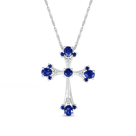Pear-Shaped and Round Blue and White Lab-Created Sapphire Gothic-Style Cross Pendant in Sterling Silver