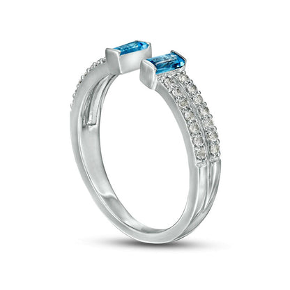 Baguette Swiss Blue Topaz and White Lab-Created Sapphire Open Shank Ring in Sterling Silver