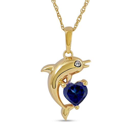 5.0mm Heart-Shaped Blue and White Lab-Created Sapphire Dolphin Pendant in Sterling Silver with 14K Gold Plate