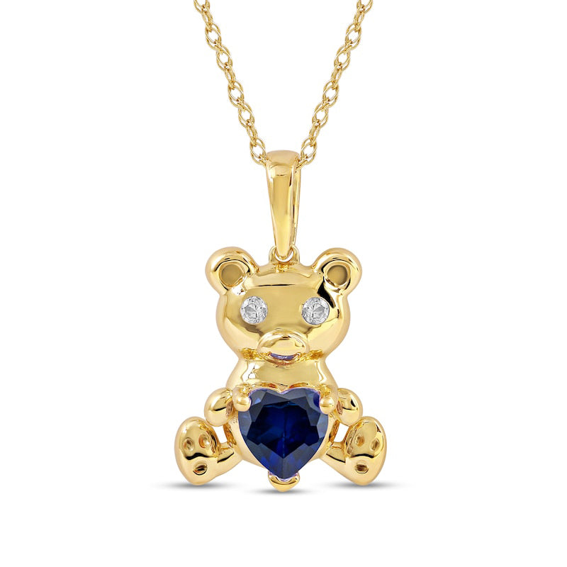 5.0mm Heart-Shaped Blue and White Lab-Created Sapphire Teddy Bear Pendant in Sterling Silver with 14K Gold Plate