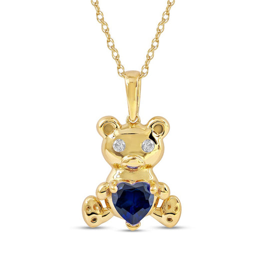 5.0mm Heart-Shaped Blue and White Lab-Created Sapphire Teddy Bear Pendant in Sterling Silver with 14K Gold Plate