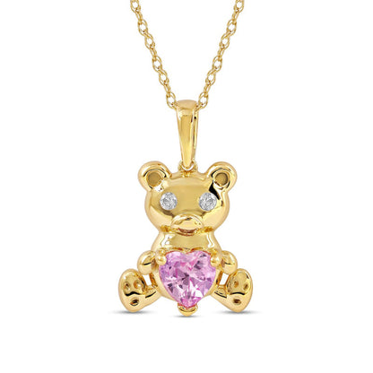 5.0mm Heart-Shaped Pink and White Lab-Created Sapphire Teddy Bear Pendant in Sterling Silver with 14K Gold Plate