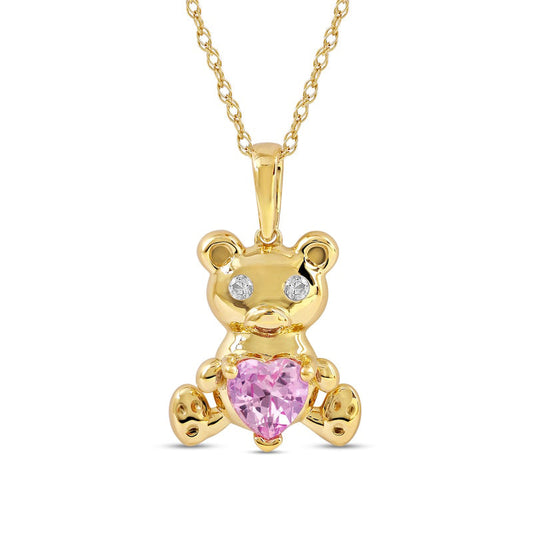 5.0mm Heart-Shaped Pink and White Lab-Created Sapphire Teddy Bear Pendant in Sterling Silver with 14K Gold Plate
