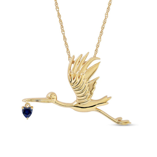 3.0mm Heart-Shaped Blue Lab-Created Sapphire Flying Stork Pendant in Sterling Silver with 14K Gold Plate