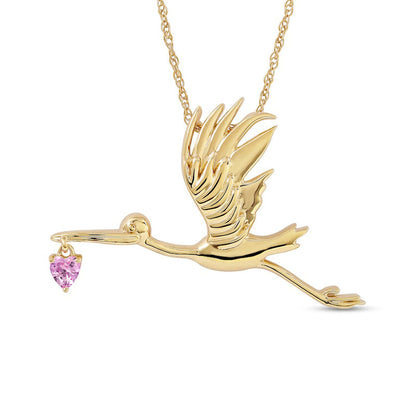 3.0mm Heart-Shaped Pink Lab-Created Sapphire Flying Stork Pendant in Sterling Silver with 14K Gold Plate