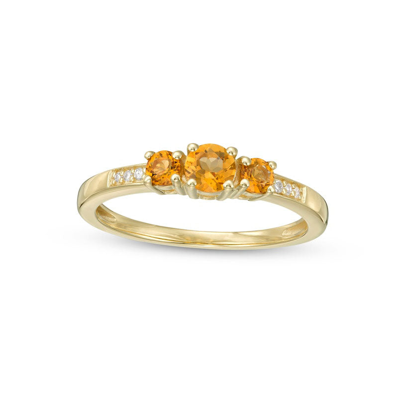 Citrine and Natural Diamond Accent Three Stone Ring in Solid 10K Yellow Gold