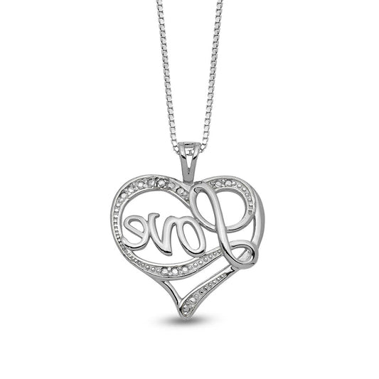 Natural Diamond Accent Beaded Cursive Love" with Ribbon Heart Pendant in Sterling Silver û 16""