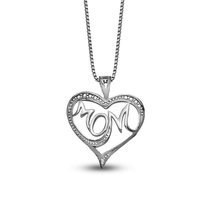 Natural Diamond Accent Beaded MOM" Loop Heart Pendant in Sterling Silver û 16""