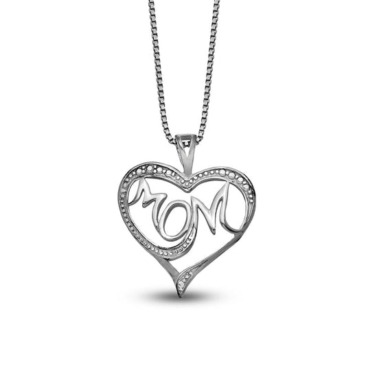 Natural Diamond Accent Beaded MOM" Loop Heart Pendant in Sterling Silver û 16""
