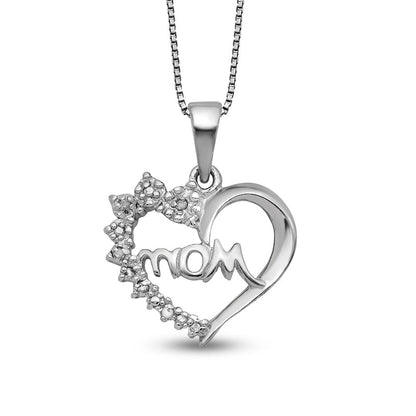 Natural Diamond Accent Beaded Flower Cluster Mom" Shadow Heart Pendant in Sterling Silver û 16""
