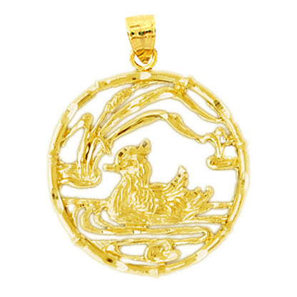 14K Gold Duck In Pond Pendant