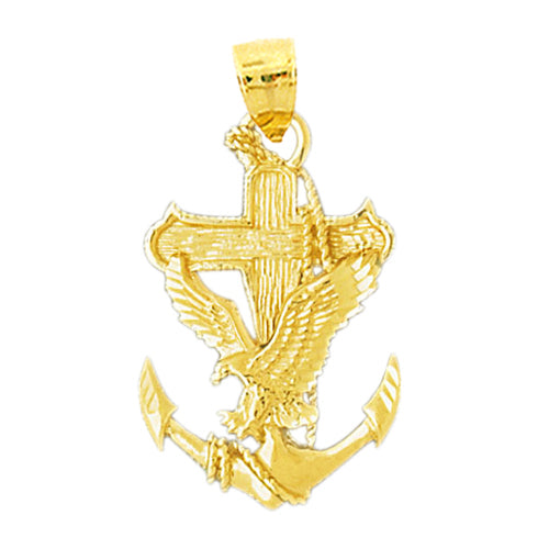 14K Gold Eagle with Wooden Cross On Anchor Pendant