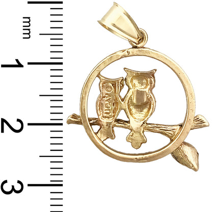 14K Gold Two Owls Perched Encircled Pendant