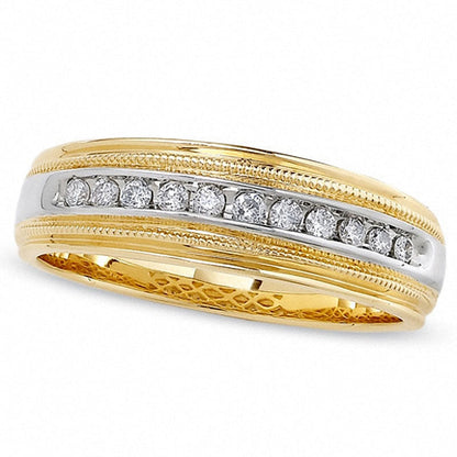 Previously Owned - Men's 0.25 CT. T.W. Natural Diamond Channel Milgrain Band in Solid 14K Two-Tone Gold