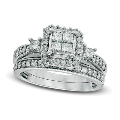 Previously Owned - 1.0 CT. T.W. Quad Princess-Cut Natural Diamond Bridal Engagement Ring Set in Solid 10K White Gold