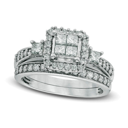 Previously Owned - 1.0 CT. T.W. Quad Princess-Cut Natural Diamond Bridal Engagement Ring Set in Solid 10K White Gold