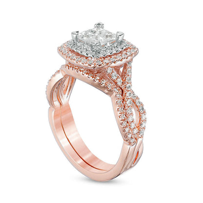 Previously Owned - 1.0 CT. T.W. Quad Princess-Cut Natural Diamond Double Frame Twist Bridal Engagement Ring Set in Solid 14K Two-Tone Gold