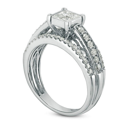 Previously Owned - 1.0 CT. T.W. Quad Princess-Cut Natural Diamond Three Row Engagement Ring in Solid 14K White Gold