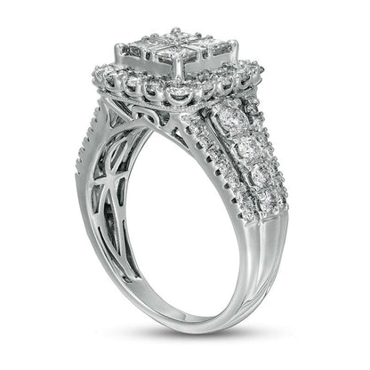 Previously Owned - 1.5 CT. T.W. Composite Natural Diamond Cushion Frame Antique Vintage-Style Engagement Ring in Solid 14K White Gold