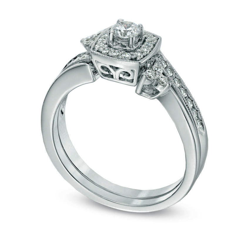 Previously Owned - 0.50 CT. T.W. Natural Diamond Square Frame Bridal Engagement Ring Set in Solid 10K White Gold