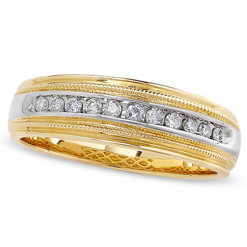 Previously Owned - Men's 0.25 CT. T.W. Natural Diamond Channel Milgrain Band in Solid 14K Two-Tone Gold