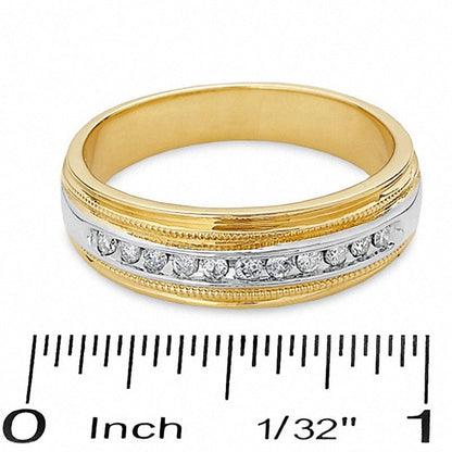 Previously Owned - Men's 0.25 CT. T.W. Natural Diamond Channel Milgrain Band in Solid 14K Two-Tone Gold
