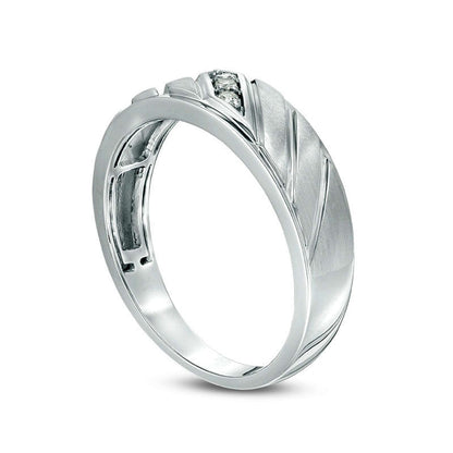 Men's 0.05 CT. T.W. Natural Diamond Three Stone Slant Groove Wedding Band in Solid 10K White Gold