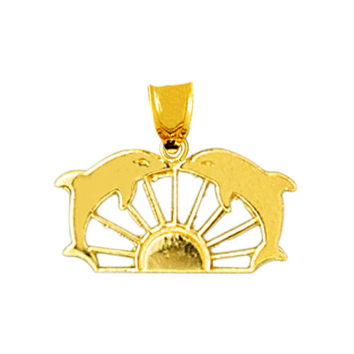 14K Gold Duo Dolphins Ship Wheel Charm