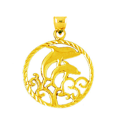 14K Gold Dolphins with Waves Encircled Pendant