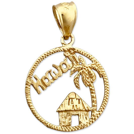 14K Gold Encircled Hawaii with Hawaiian Hut Charm