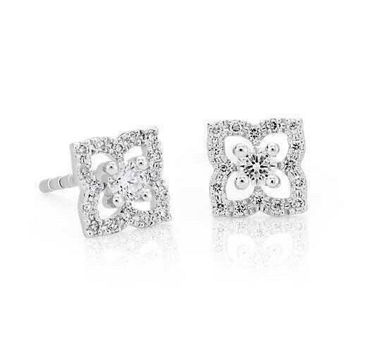 1/4Ct Petite REAL Diamond Floral Stud Earrings in 14k White Yellow or Rose Gold