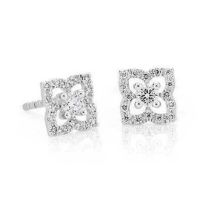 1/4Ct Petite REAL Diamond Floral Stud Earrings in 14k White Yellow or Rose Gold