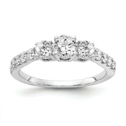 1.0Ct Certified Real Diamond Three Stone Engagement Ring in 14K White Gold
