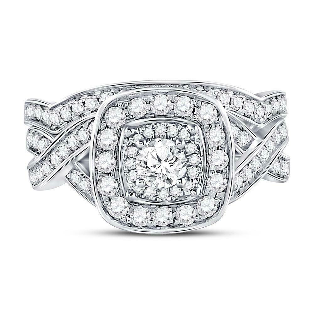 1.0ct Cushion Halo Solitaire Diamond Engagement Wedding Ring Set 14K White Gold