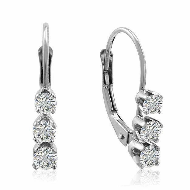 1/2ct 3 Stone Genuine Diamond Earrings 14K White Gold