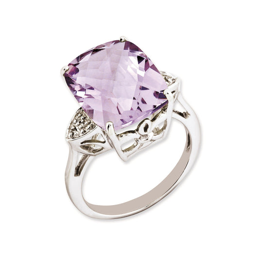 Sterling Silver 14K White Gold Plated Checker-Cut Pink Quartz u0026 Diamond Gemstone Birthstone Ring Fine Jewelry Gift for Her