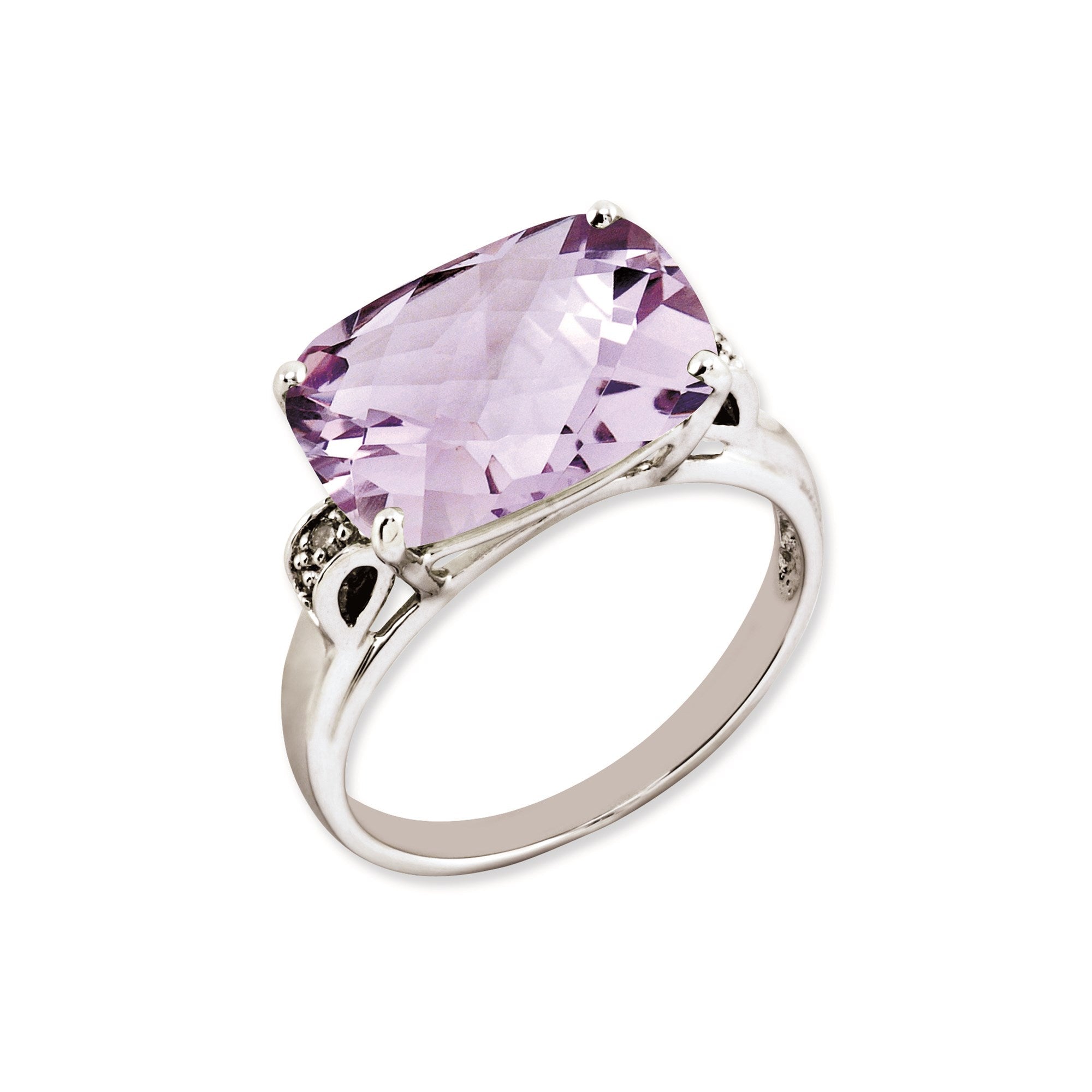 Sterling Silver 14K White Gold Plated Checker-Cut Pink Quartz u0026 Diamond Gemstone Birthstone Ring Fine Jewelry Gift for Her