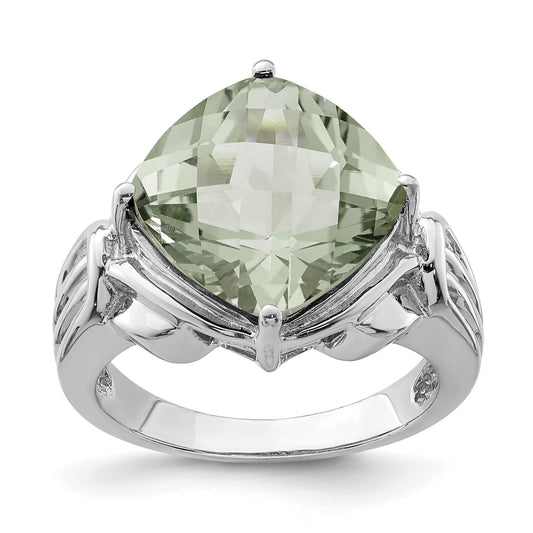 Sterling Silver Rhodium Checker-Cut Green Quartz Gemstone Birthstone Ring Fine Jewelry Gift for Her