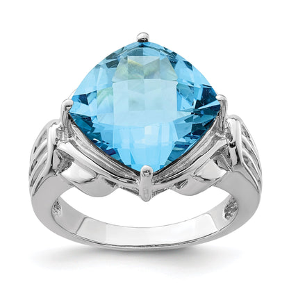 Sterling Silver Rhodium Checker-Cut Blue Topaz Gemstone Birthstone Ring Fine Jewelry Gift for Her
