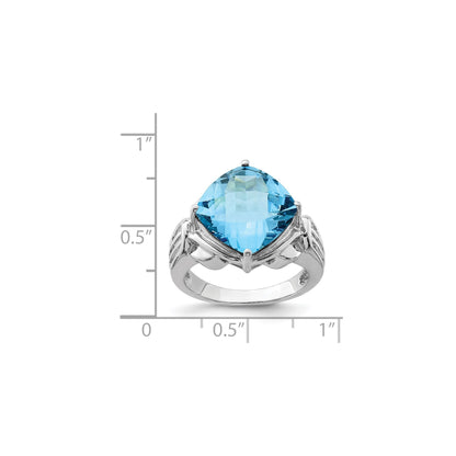 Sterling Silver Rhodium Checker-Cut Blue Topaz Gemstone Birthstone Ring Fine Jewelry Gift for Her